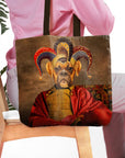 Personalized tote bag with a custom renaissance-style portrait of a dog in a jester hat.
