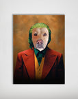Personalized 'Joker Doggo' pet poster featuring a golden retriever with green hair, wearing a red suit and yellow vest.