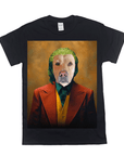 Black Gildan t-shirt featuring a personalized pet portrait of a dog as the Joker with green hair and a red suit.