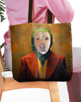 Personalized tote bag with a custom pet portrait of a dog in a Joker-style costume.