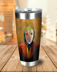 Personalized stainless steel tumbler with a custom dog portrait in a Joker-style costume.
