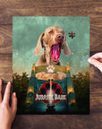 Personalized 'Jurassic Bark' pet puzzle featuring a Weimaraner dog portrait in a movie poster style.