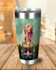 Personalized stainless steel tumbler with a custom dog portrait in a "Jurassic Bark" movie poster style.