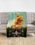 Personalized pet blanket with a custom Jurassic Meow portrait of an orange cat yawning.