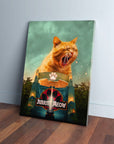 Personalized 'Jurassic Meow' canvas featuring a giant yawning orange cat over a Jurassic Park-style gate.