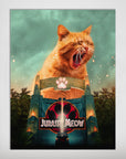 Personalized 'Jurassic Meow' poster featuring a giant yawning orange cat above a Jurassic Park-style gate.