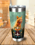 Personalized stainless steel tumbler with a custom "Jurassic Meow" cat portrait design.
