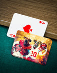 Personalized playing cards featuring two dogs in Kansas City football uniforms, one ace of spades visible.