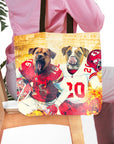 Personalized 2 pet tote bag with dogs in Kansas City football uniforms.