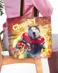 Personalized tote bag with a husky pet portrait in a Kansas City football uniform, named Chucky.