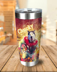 Personalized stainless steel tumbler with a custom dog portrait in a football uniform, named "Chucky.