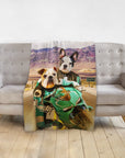 Personalized pet blanket with two dogs in motorcycle gear on a green bike, desert background.