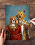 Custom King and Queen personalized 2-pet renaissance portrait puzzle featuring a Cavalier King Charles Spaniel and a Golden Retriever.