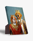 Personalized 'King and Queen' 2 pet standing canvas featuring a Cavalier King Charles Spaniel and a Golden Retriever in royal attire.