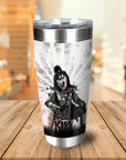 Personalized stainless steel tumbler with a husky dog portrait in a Kiss band costume.