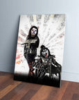 Personalized 'Kiss Doggos' canvas featuring two pets dressed as rock stars, leaning against a white wall.