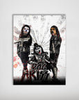 Personalized "Kiss Doggos" poster featuring three pets as rock stars in black and silver costumes.