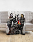 Custom personalized pet portrait blanket featuring four dogs dressed as the rock band KISS.