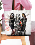Personalized 4-pet tote bag featuring dogs dressed as rock band members with "DOG KISS" logo.