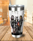Personalized stainless steel tumbler with custom "Dog Kiss" rock band pet portraits.