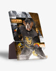 Personalized pet standing canvas featuring a boxer dog in a black and gold Las Vegas Doggos hockey uniform.