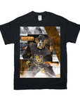 Black Gildan t-shirt with a bulldog in a Las Vegas Golden Knights hockey uniform, gold and gray abstract background.