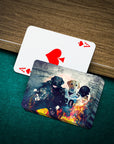 Personalized playing cards featuring two dogs in football uniforms on a green felt table.