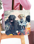 Personalized tote bag with two dog portraits in Las Vegas Raiders football uniforms.