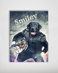 Personalized matte poster featuring a black dog in a gray football uniform holding a flaming helmet, with "Smiley" text.