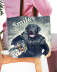 Personalized black dog portrait tote bag in a football uniform, with "Smiley" text.