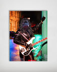 Personalized 'Lick James' dog poster featuring a pet's face on a musician playing a white bass guitar.