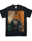 Black Gildan t-shirt with a personalized pet portrait of a dog dressed as Loki, featuring green and gold armor.