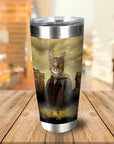 Personalized stainless steel tumbler with a cat in a "Lord of the Meows" Viking portrait.