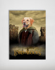 Personalized "Lord Of The Woofs" poster featuring a golden retriever in a fantasy cloak against a ruined landscape.