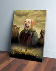 Golden Retriever dog portrait on a "Lord Of The Woofs" canvas, featuring a fantasy landscape.