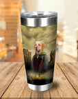 Personalized stainless steel tumbler with a golden retriever pet portrait in a "Lord of the Woofs" Viking style.