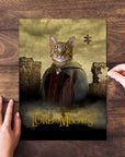 Personalized 'Lord of the Meows' pet puzzle featuring a cat in a fantasy costume, with hands assembling pieces.