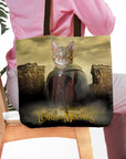 Personalized 'Lord of the Meows' tote bag with a custom cat portrait in a fantasy setting.