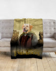 Personalized pet blanket featuring a golden retriever in a "Lord of the Woofs" renaissance portrait.