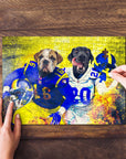 Personalized 2 pet puzzle featuring a bulldog and black lab in blue and yellow football uniforms.