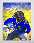 Personalized pet poster featuring a black dog in a blue and yellow football uniform, holding a helmet.