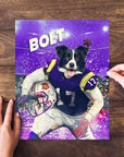 Personalized pet puzzle featuring a Border Collie in a purple football uniform, holding a helmet.