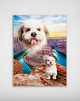 Personalized pet poster featuring a fluffy dog's head levitating over a rocky canyon with a river.