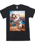 Black Gildan t-shirt with a personalized design featuring a white dog's face above a scenic canyon with a river.