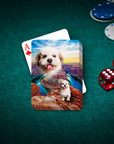 Personalized pet playing cards featuring a Shih Tzu dog portrait over a Grand Canyon landscape.