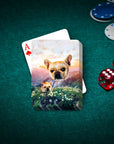 Personalized playing cards featuring two French Bulldog pet portraits in a mountain valley scene.