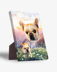 Personalized pet standing canvas featuring two French Bulldogs in a majestic mountain valley at sunset.