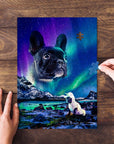 Personalized pet puzzle featuring a black French Bulldog under a vibrant Northern Lights sky.