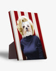 Personalized pet standing canvas featuring a Shih Tzu in a blonde wig and navy turtleneck against red and white stripes.