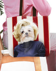 Personalized tote bag with a Shih Tzu pet portrait in a Marilyn Monroe style, red and white striped background.